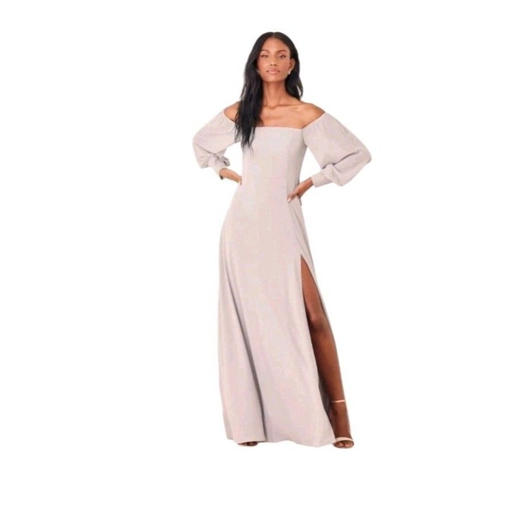 NWT Lulus Semi Formal Maxi Dress M Off Shoulder Coquette Feminine Silver Gray C6